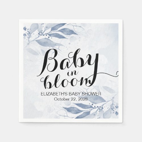 Blue Watercolor Leaves Baby Shower Baby in Bloom Napkins
