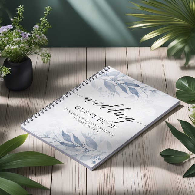 Blue Watercolor Leaves Botanical Wedding Guestbook Notebook (Creator Uploaded)