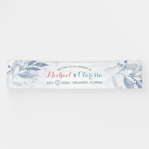 Blue Watercolor Leaves Botanical Wedding Welcome Banner