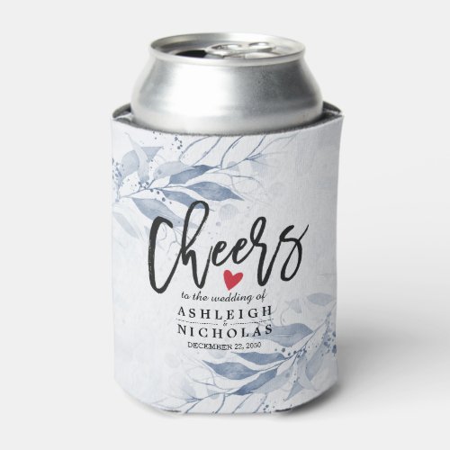 Blue Watercolor Leaves Chic Wedding Cheers to Love Can Cooler