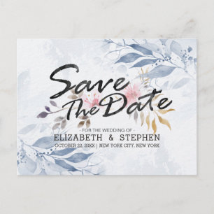 Blue Watercolor Leaves Chic Wedding Save The Date Postcard