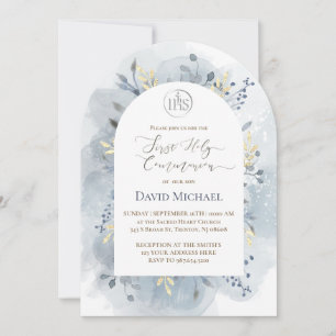 blue watercolor leaves First Holy Communion Invitation