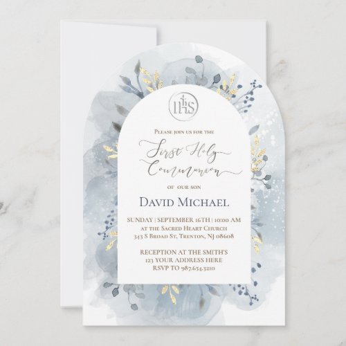  blue watercolor leaves First Holy Communion 