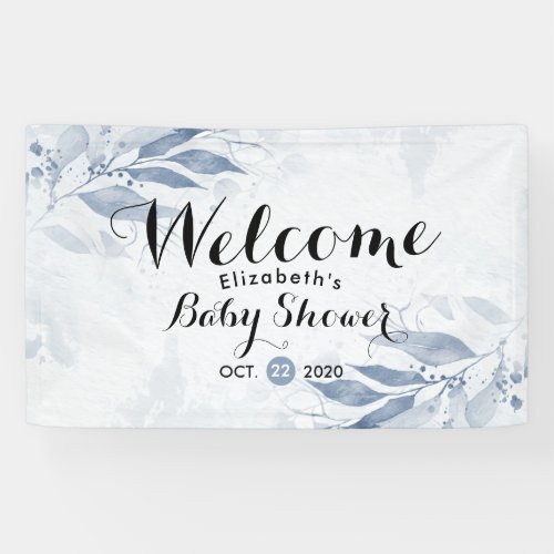Blue Watercolor Leaves Floral Baby Shower Welcome Banner