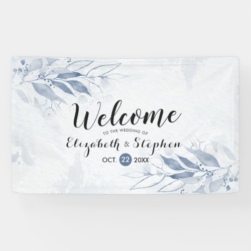 Blue Watercolor Leaves Flower Chic Wedding Welcome Banner