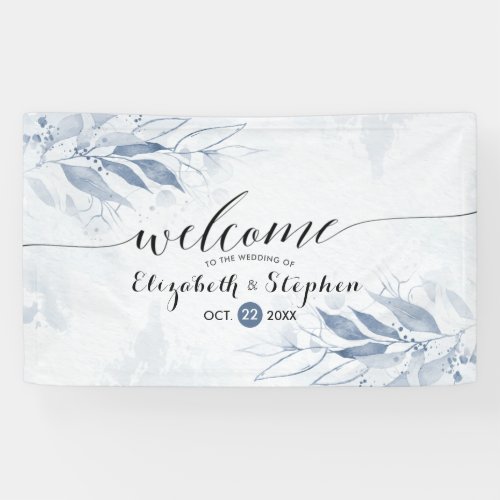 Blue Watercolor Leaves Flower Chic Wedding Welcome Banner