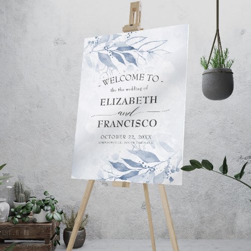 Blue Watercolor Leaves Flower Chic Wedding Welcome Foam Board