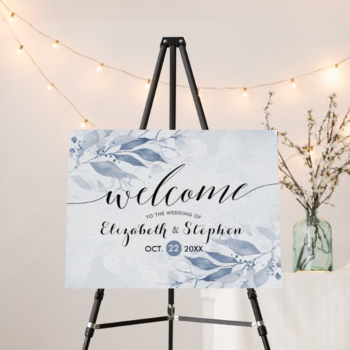 Blue Watercolor Leaves Flower Chic Wedding Welcome Foam Board