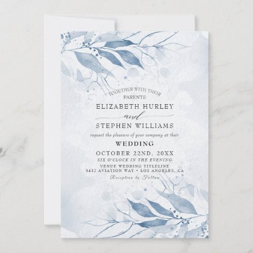 Blue Watercolor Leaves Flowers Botanical Wedding Invitation