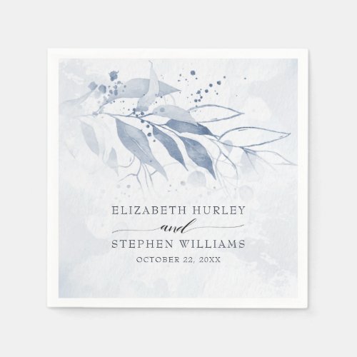 Blue Watercolor Leaves Flowers Botanical Wedding Napkins