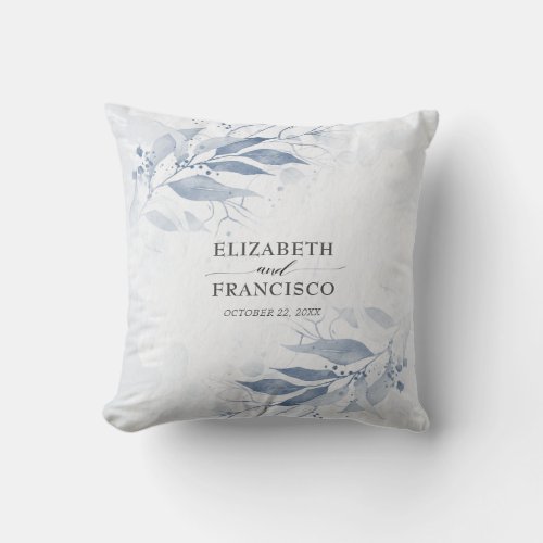 Blue Watercolor Leaves Flowers Botanical Wedding Throw Pillow