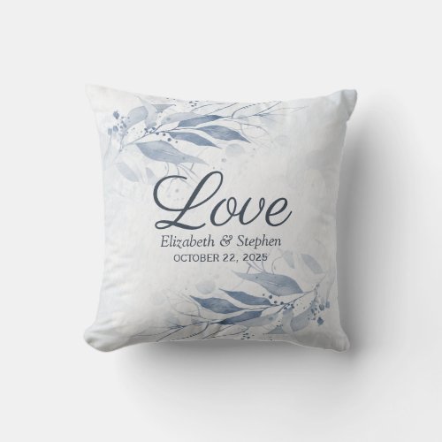 Blue Watercolor Leaves Flowers Botanical Wedding Throw Pillow