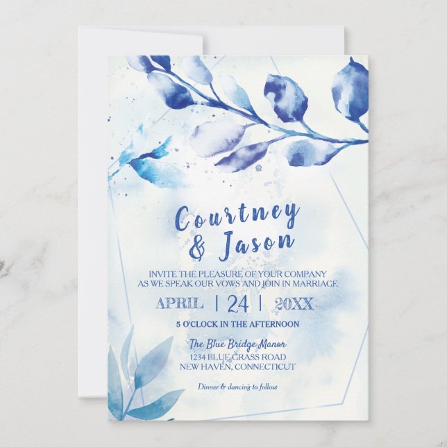 Blue Watercolor Leaves Rustic Wedding Invitation (Front)