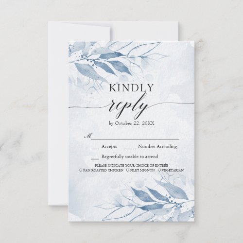 Blue Watercolor Leaves Wedding RSVP Kindly Reply