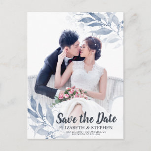 Blue Watercolor Leaves Wedding Save The Date Photo Postcard