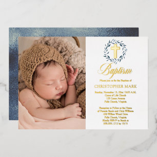 Blue Watercolor Leaves Wreath Boy Photo Baptism Foil Invitation