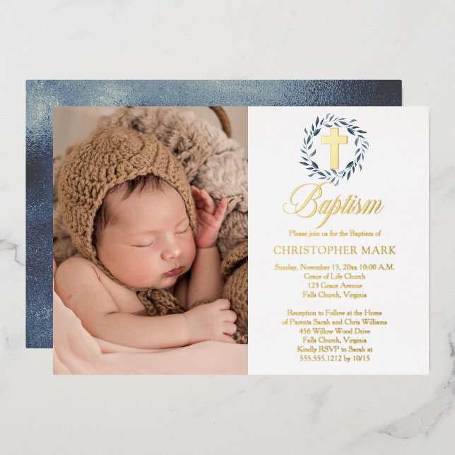 Blue Watercolor Leaves Wreath Boy Photo Baptism Foil Invitation (Front/Back)