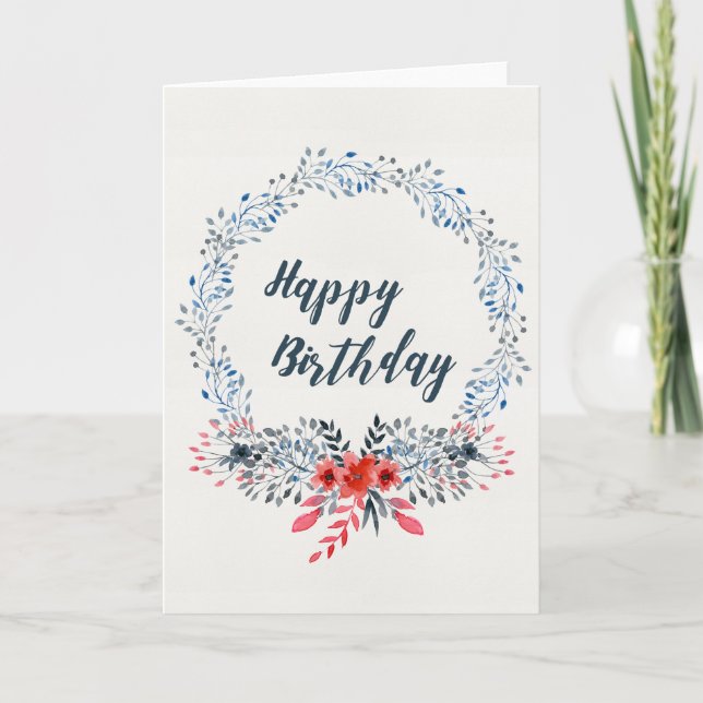 Blue Watercolor Leaves Wreath Happy Birthday Card (Front)