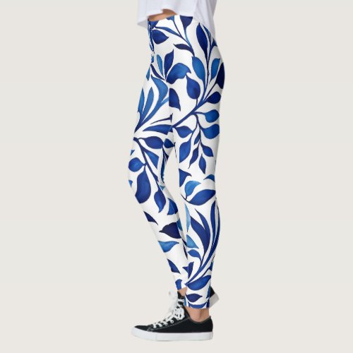 Blue Watercolor Leaves Yoga Pants Leggings Womens