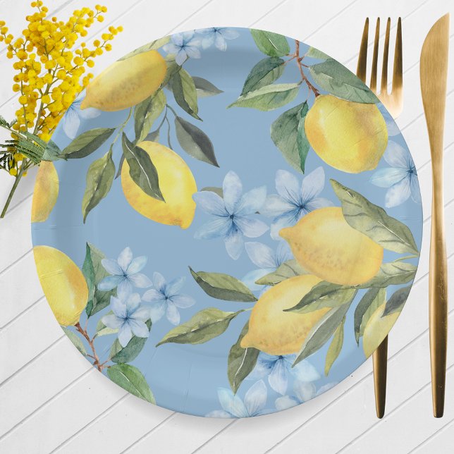 Blue Watercolor Lemon and Flower Paper Plates (Watercolor Lemon & Blue Flower Paper Plates for Main Squeeze Bridal Shower or Little Lemon Baby)