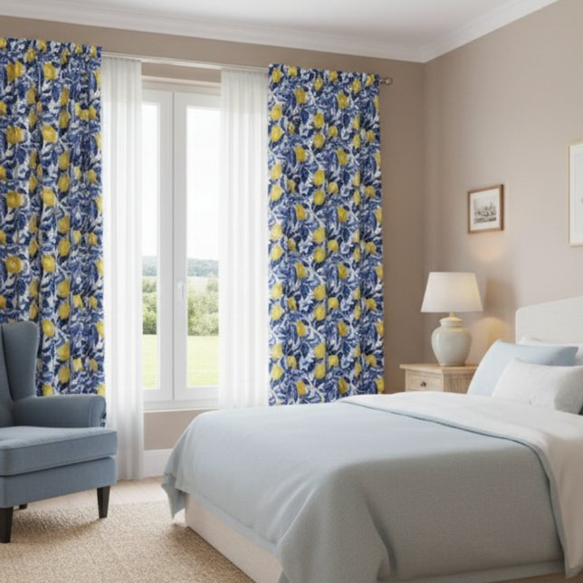 Blue Watercolor Lemon Pattern  Blackout Curtains (Creator Uploaded)