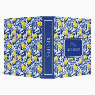 Blue Watercolor Lemon Pattern Monogram Name 3 Ring Binder
