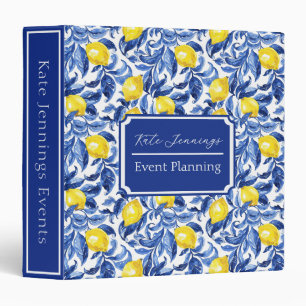 Blue Watercolor Lemon Pattern Monogram Name 3 Ring Binder
