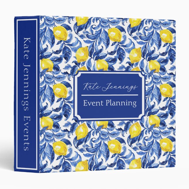 Blue Watercolor Lemon Pattern Monogram Name 3 Ring Binder (Front/Spine)