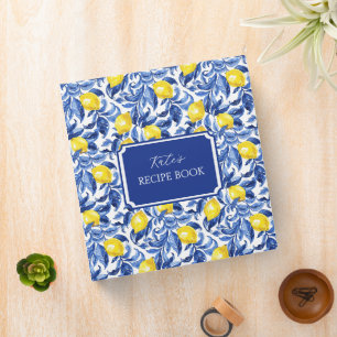Blue Watercolor Lemon Pattern Monogram Name 3 Ring Binder