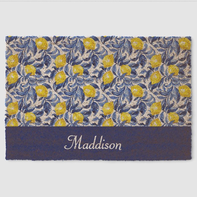 Blue Watercolor Lemon Pattern Monogram Name Fiber Doormat (Front)