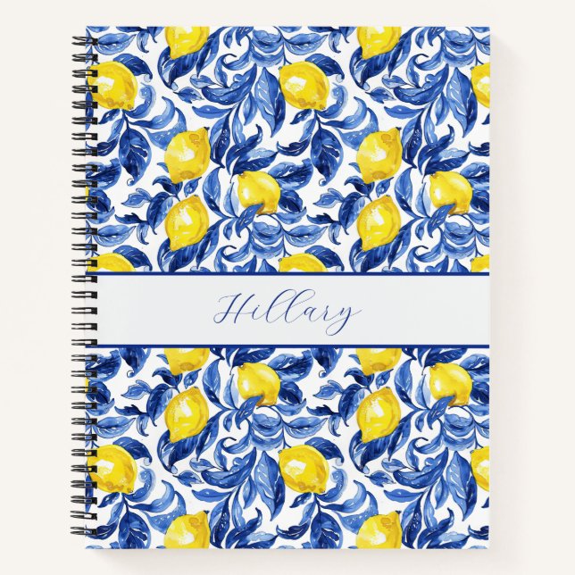 Blue Watercolor Lemon Pattern Monogram Name Notebook (Front)