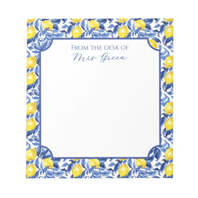 Blue Watercolor Lemon Pattern Monogram Name Notepad (Front)