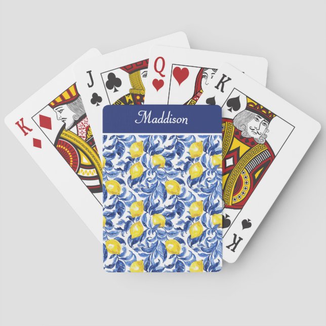 Blue Watercolor Lemon Pattern Monogram Poker Cards (Back)