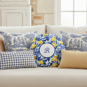 Blue Watercolor Lemon Pattern Monogram Round Pillow