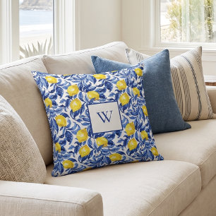 Blue Watercolor Lemon Pattern Monogram Throw Pillow