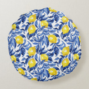Blue Watercolor Lemon Pattern  Round Pillow