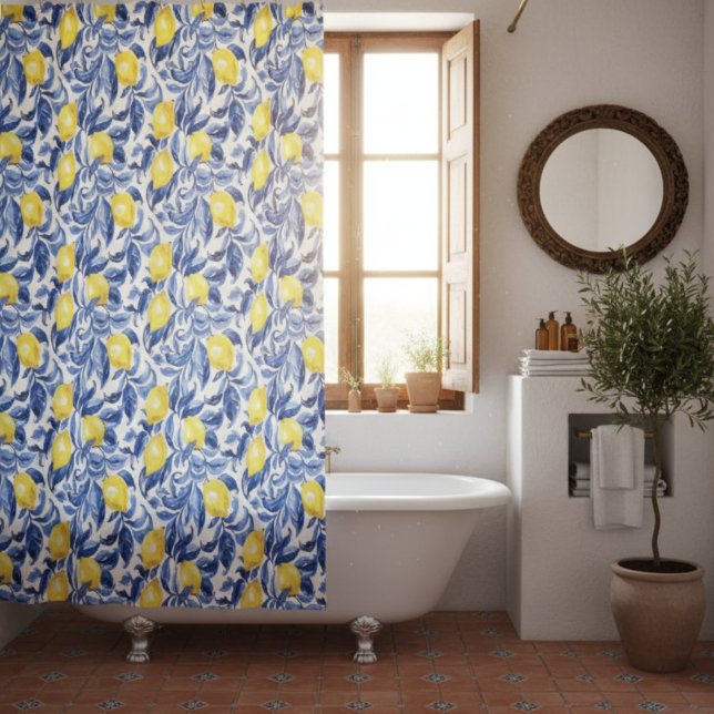 Blue Watercolor Lemon Pattern  Shower Curtain (Creator Uploaded)