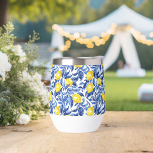 Blue Watercolor Lemon Pattern Thermal Wine Tumbler