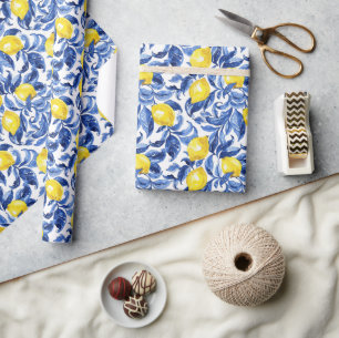 Blue Watercolor Lemon Pattern  Wrapping Paper