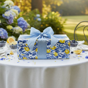 Blue Watercolor Lemon Pattern Wrapping Paper