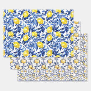 Blue Watercolor Lemon Pattern Wrapping Paper Sheets