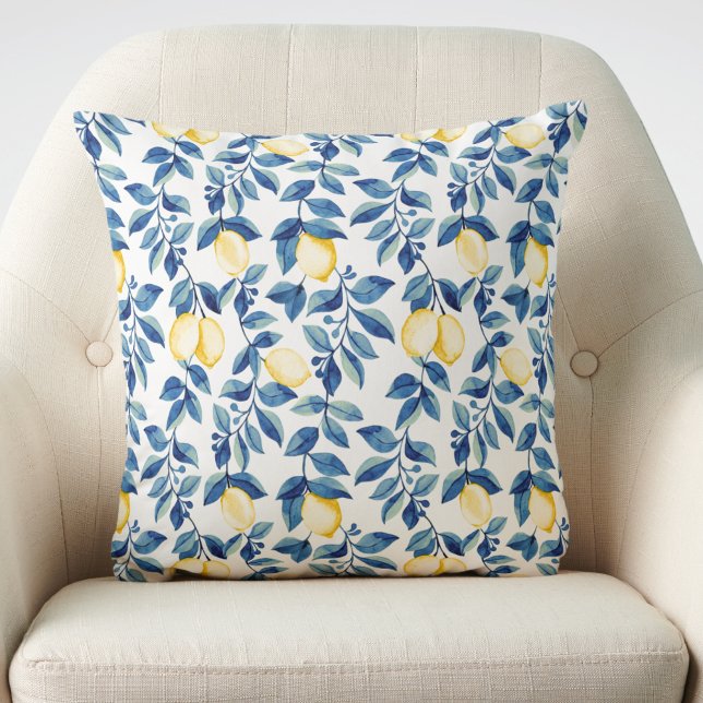 Blue Watercolor Lemon Throw Pillow (Creator Uploaded)