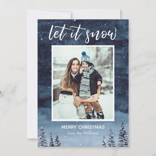 Blue Watercolor Let it Snow Christmas Holiday Card (Front)