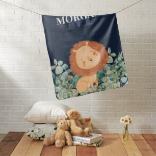 Blue Watercolor Lion and Jungle Monogram Nursery Baby Blanket
