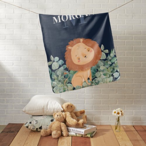 Blue Watercolor Lion and Jungle Monogram Nursery Baby Blanket