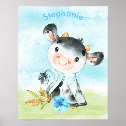 Blue Watercolor Little Cow Poster