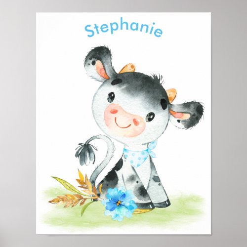 Blue Watercolor Little Cow Poster