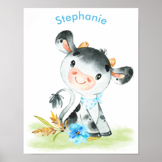 Blue Watercolor Little Cow Poster (Front)