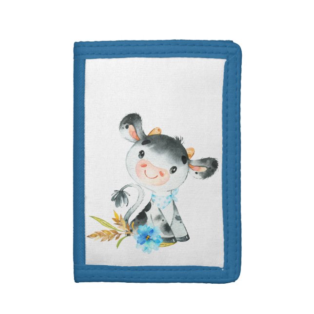 Blue Watercolor Little Cow Trifold Wallet (Front Vertical)