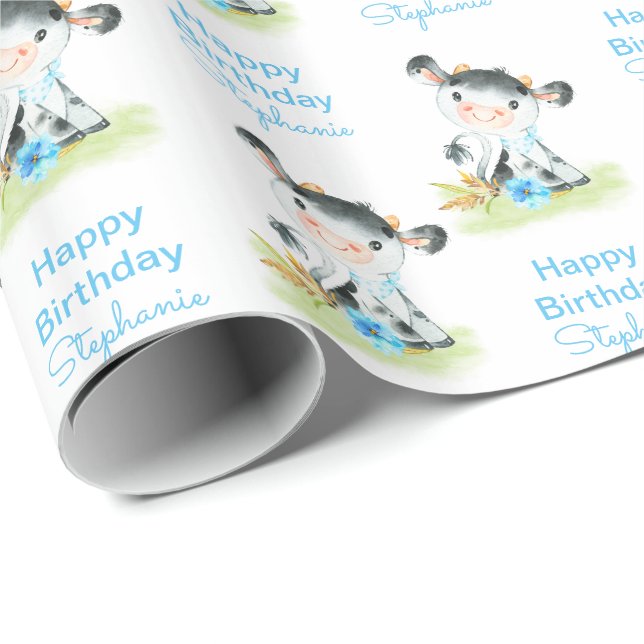 Blue Watercolor Little Cow Wrapping Paper (Roll Corner)